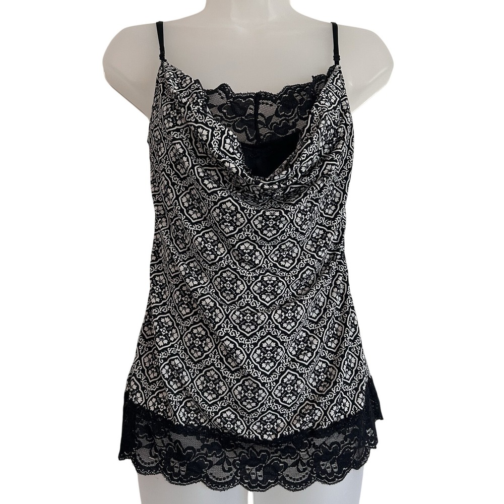 Vtg Vol 1 Y2K Tank Top Sz M Lace Cami Layered Lined Floral Black White Strappy